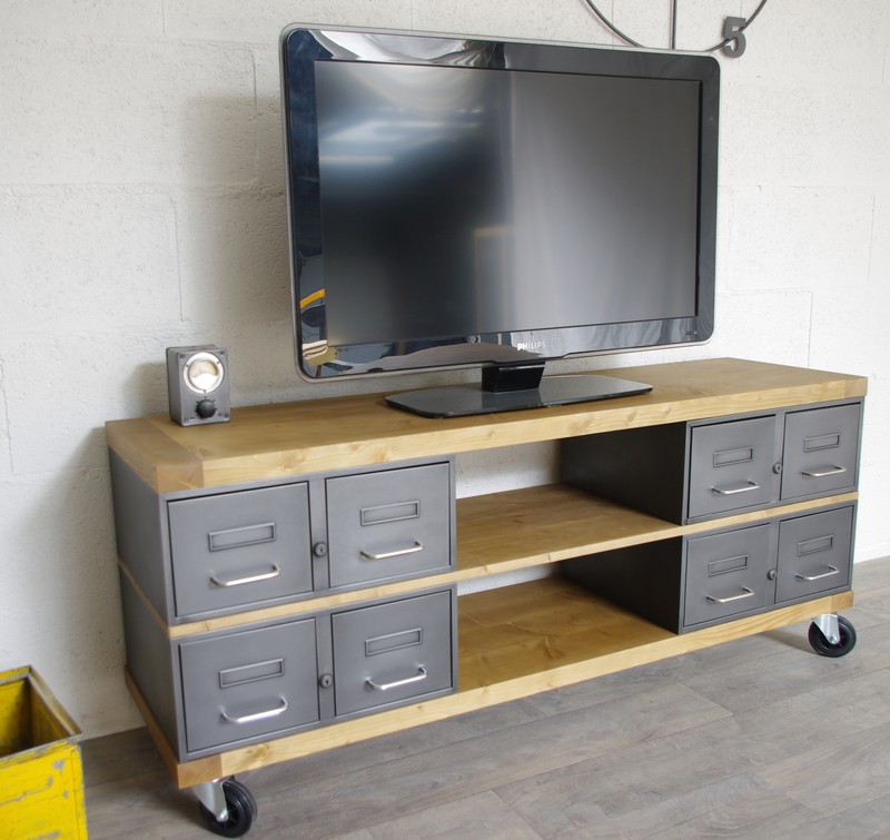 meuble tv industriel 8 tiroirs métalliques authentiques restaurés